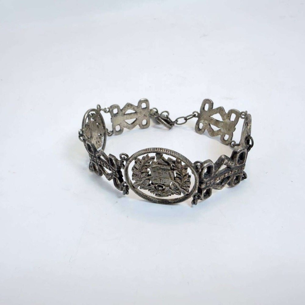 Vintage Guatemala Coat of Arms Sterling Silver Panel Bracelet Quetzal 8.5 Inch